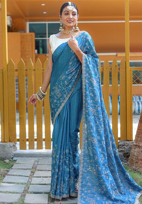 Blue Woven Silk Saree Set