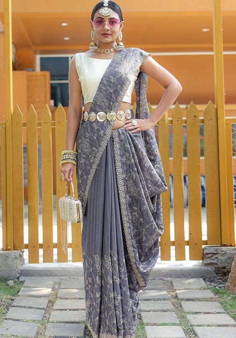 Grey Woven Silk Saree Set