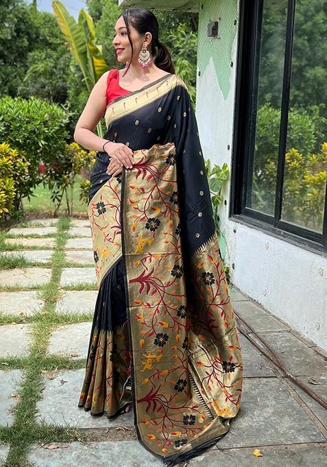 Black Woven Silk Saree Set