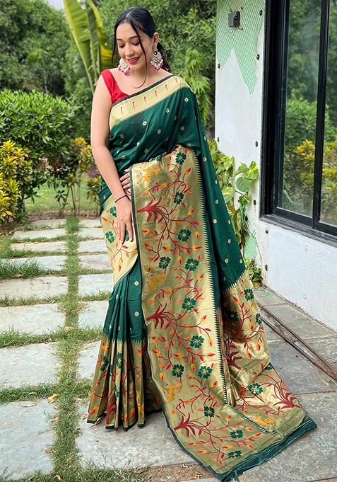 Dark Green Woven Silk Saree Set