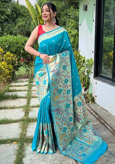 Firozi Woven Silk Saree Set