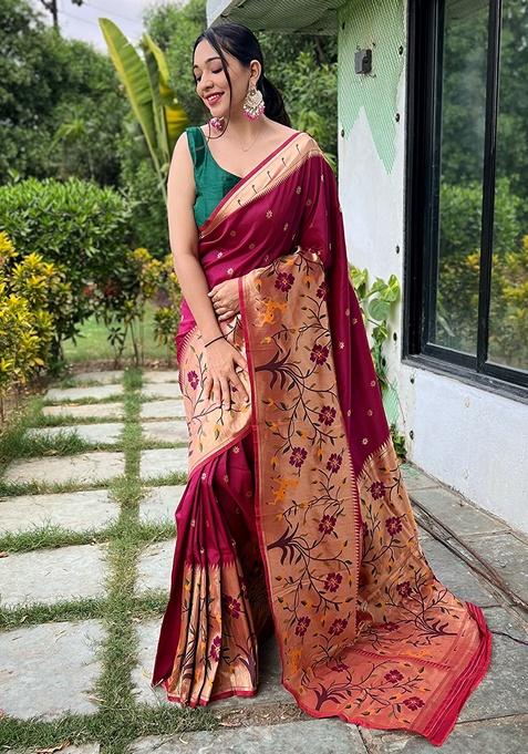 Maroon Woven Silk Saree Set