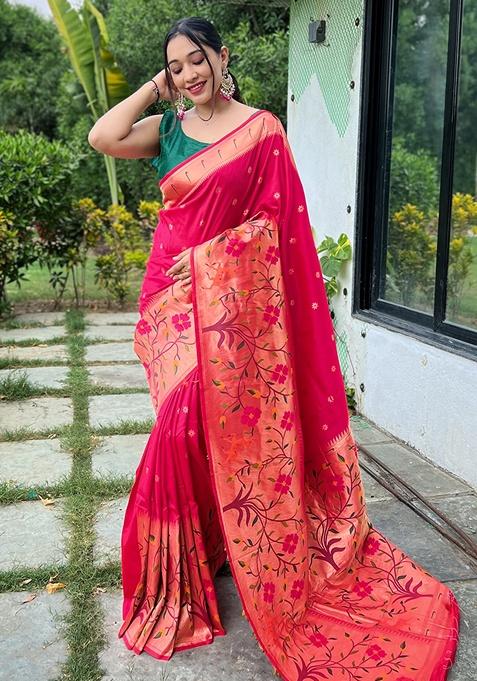 Pink Woven Silk Saree Set