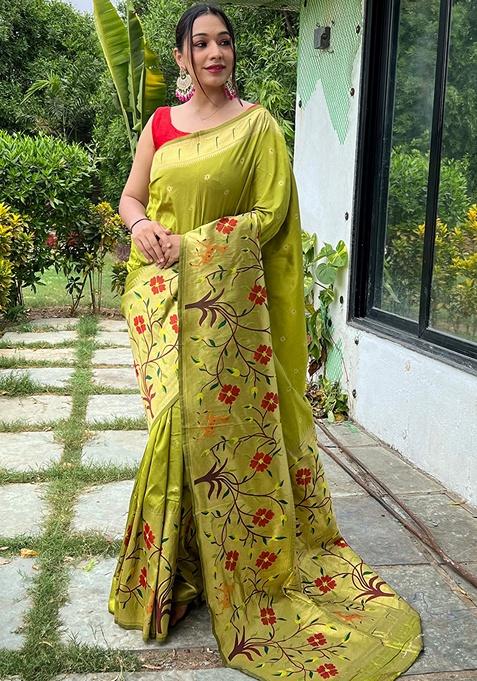 Pista Woven Silk Saree Set