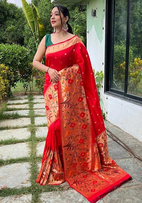 Red Woven Silk Saree Set