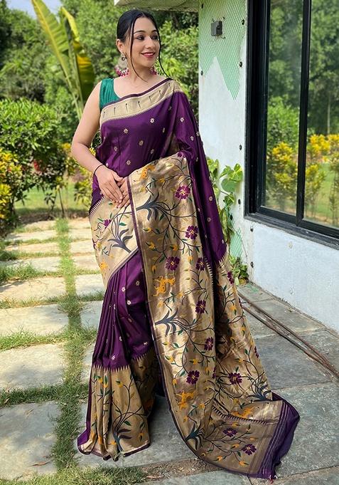 Wine Woven Silk Saree Set