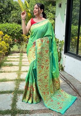 Lime Green Woven Silk Saree Set