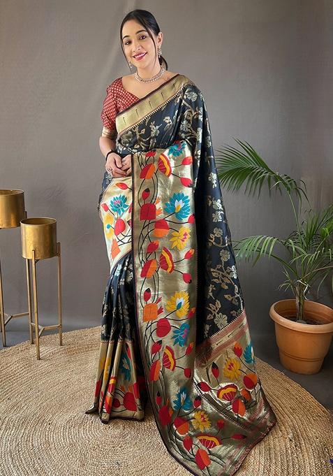 Black Woven Silk Saree Set