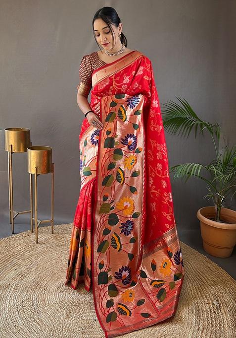 Red Woven Silk Saree Set