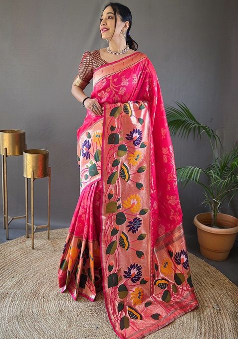 Pink Woven Silk Saree Set