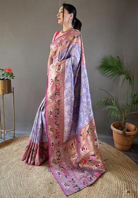 Lavender Zari Woven Patola Silk Saree Set