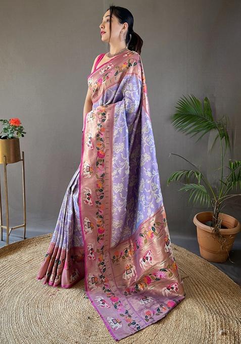 Lavender Zari Woven Patola Silk Saree Set