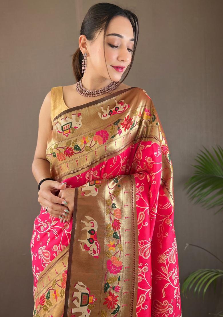 Pink Zari Woven Patola Silk Saree Set