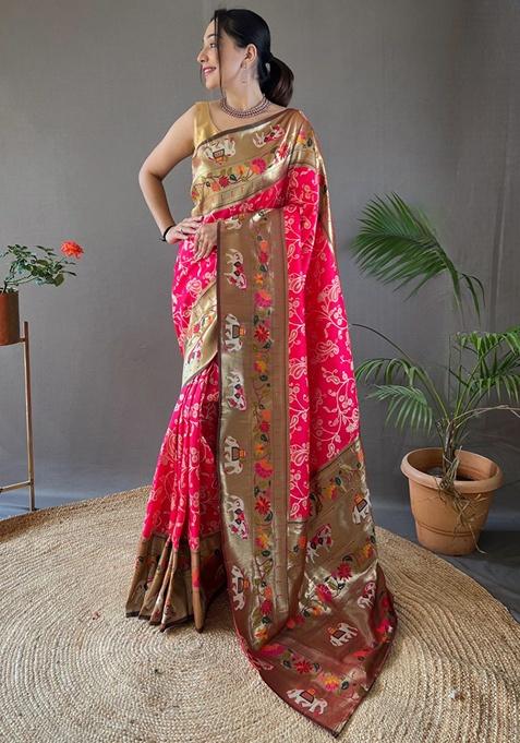 Pink Zari Woven Patola Silk Saree Set