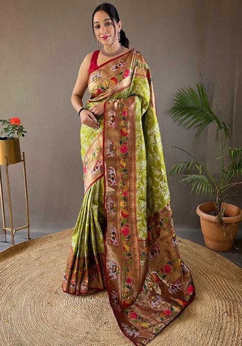 Pista Zari Woven Patola Silk Saree Set