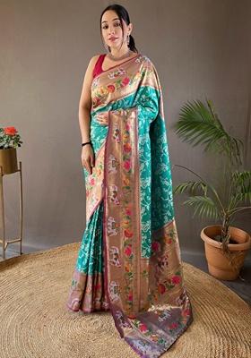 Rama Zari Woven Patola Silk Saree Set