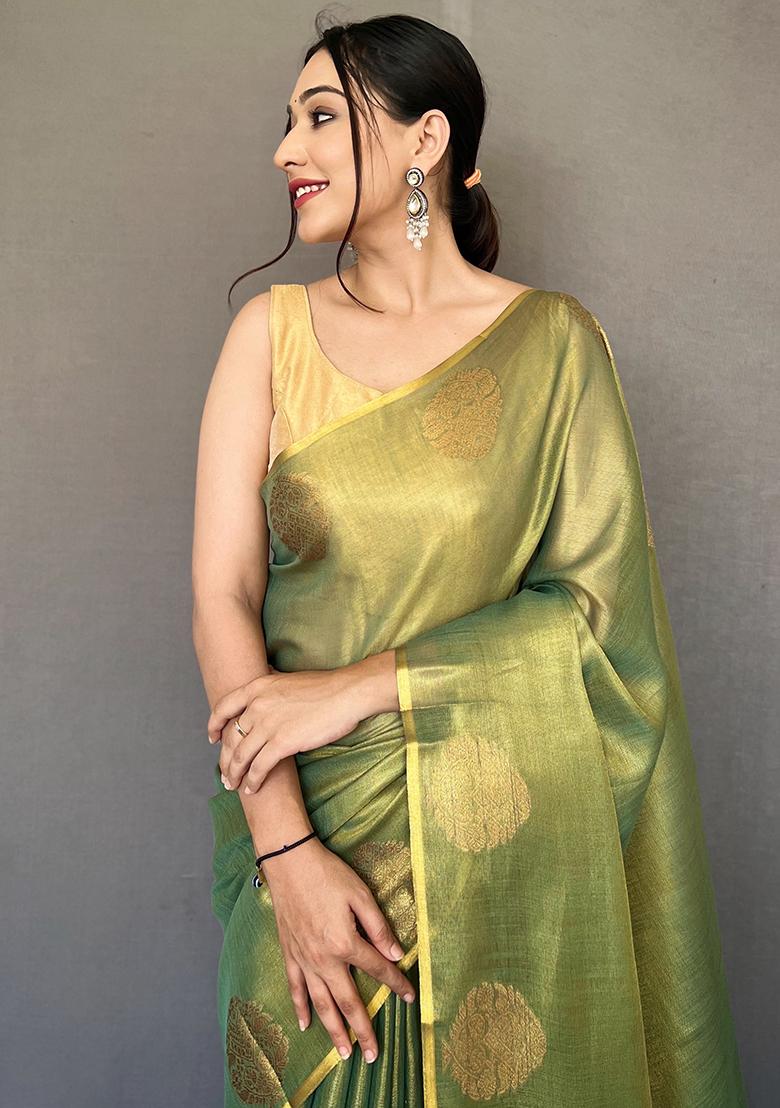 Dark Green Woven Silk Saree Set