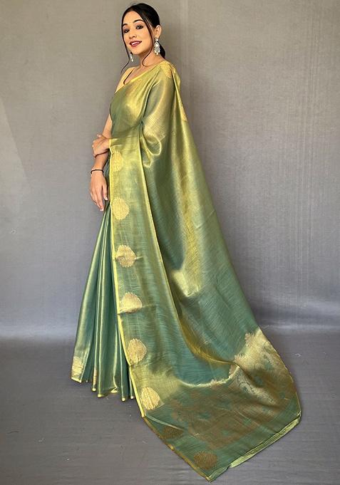 Dark Green Woven Silk Saree Set