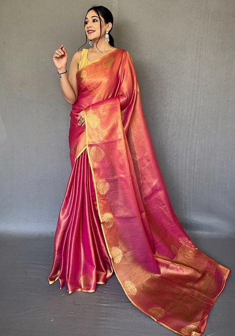 Dark Pink Woven Silk Saree Set