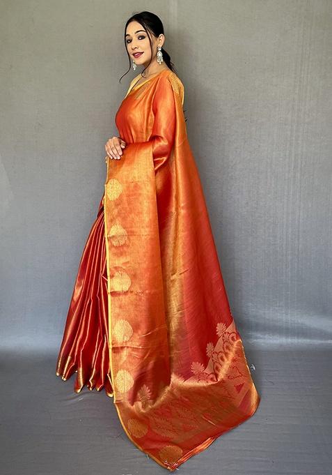 Orange Woven Silk Saree Set