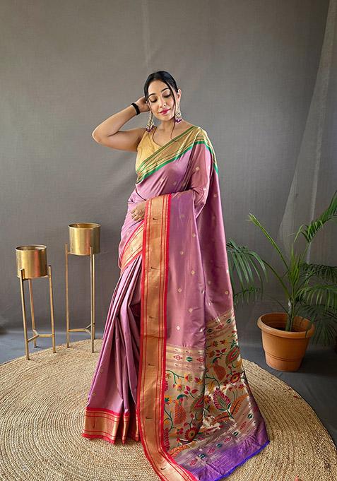 Lavender Printed Paithani Silk Saree Set