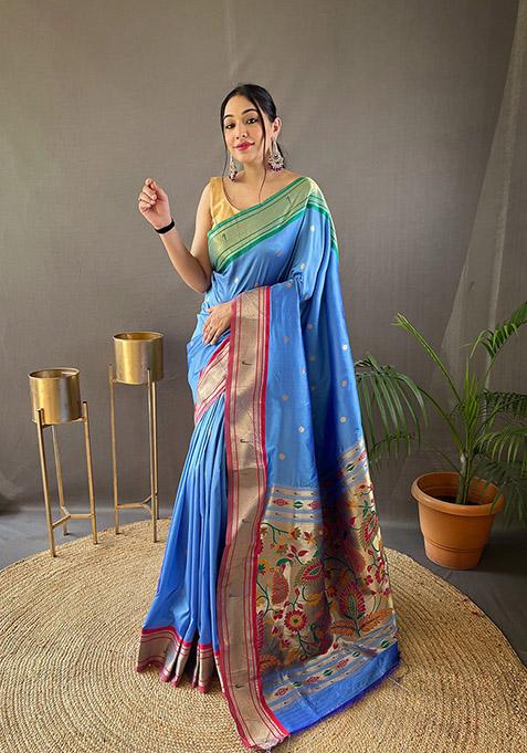 Light Denim Printed Paithani Silk Saree Set