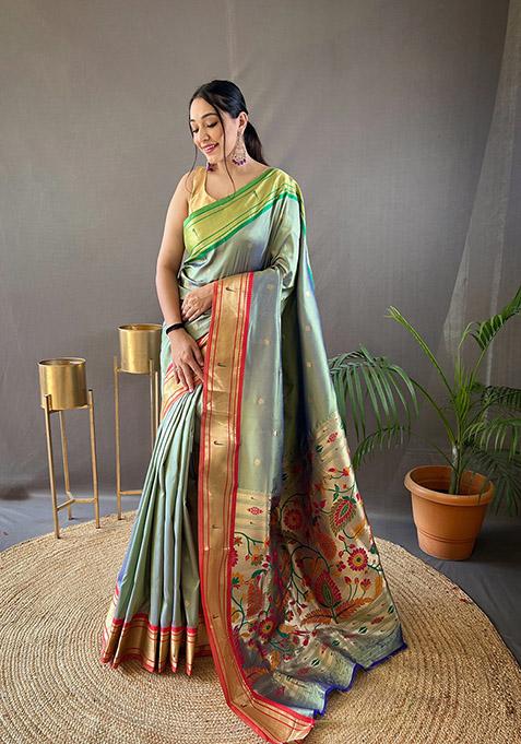 Mehndi Printed Paithani Silk Saree Set