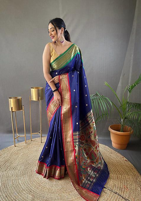 Navy Blue Printed Paithani Silk Saree Set