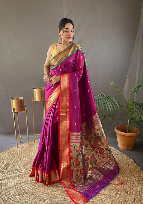 Pink Printed Paithani Silk Saree Set