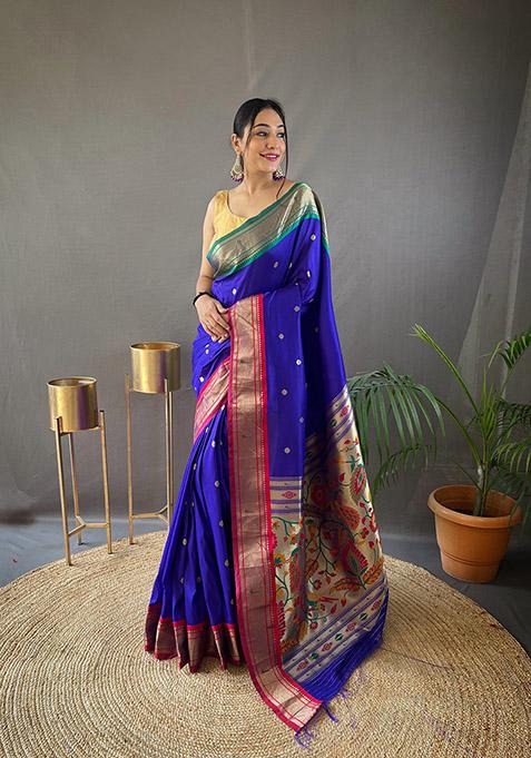 Violet Printed Paithani Silk Saree Set