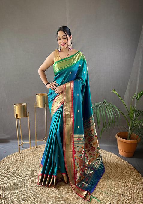 Rama Printed Paithani Silk Saree Set