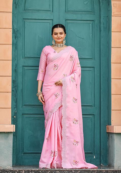 Pink Thread Embroidered Tussar Silk Saree Set