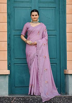 Lavender Thread Embroidered Tussar Silk Saree Set