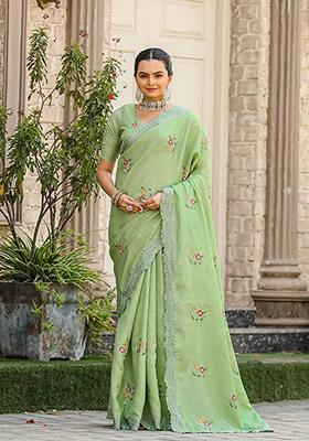 Pista Thread Embroidered Tussar Silk Saree Set