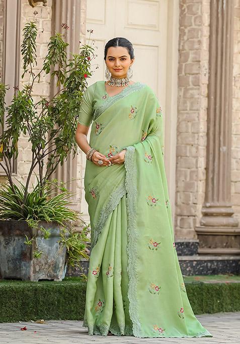 Pista Thread Embroidered Tussar Silk Saree Set