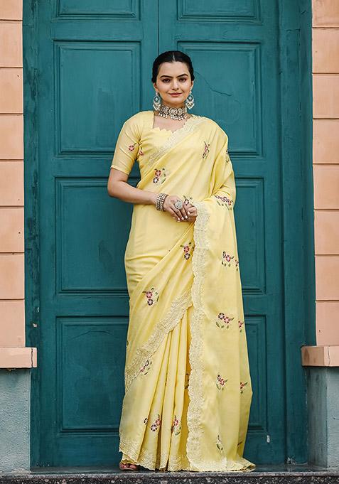 Yellow Thread Embroidered Tussar Silk Saree Set