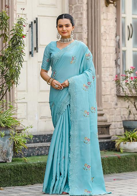 Sky Thread Embroidered Tussar Silk Saree Set