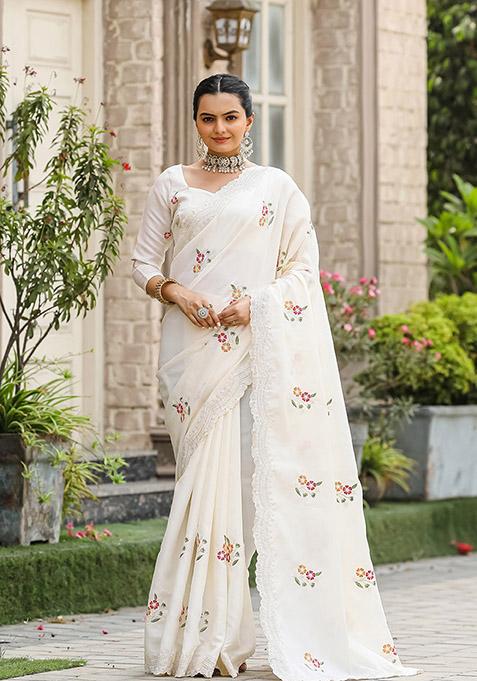 White Thread Embroidered Tussar Silk Saree Set