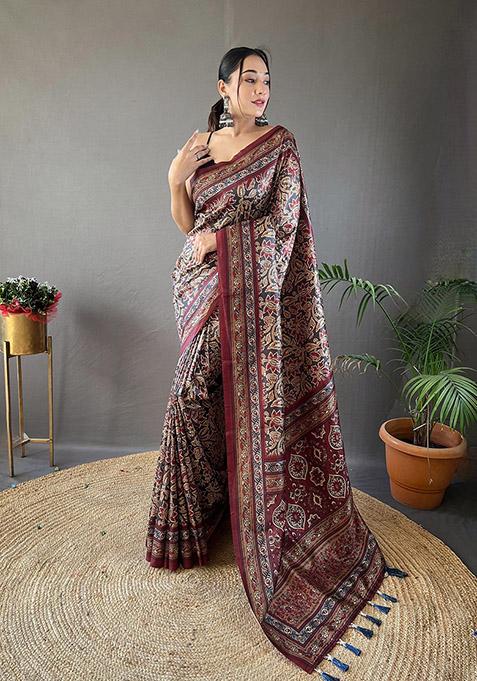 Black Printed Semi Silk Saree Set