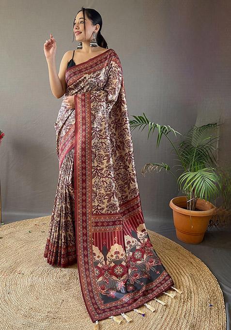 Cream Printed Semi Silk Saree Set