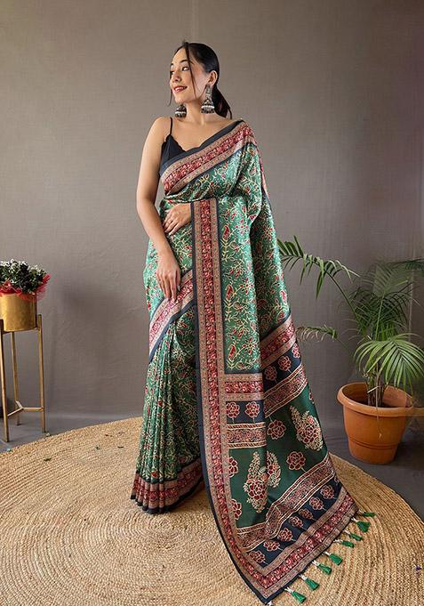 Green Printed Semi Silk Saree Set