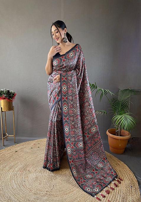 Grey Printed Semi Silk Saree Set