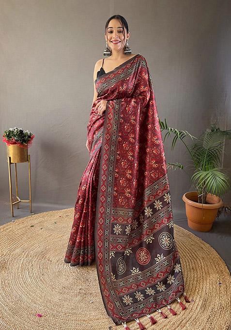 Red Printed Semi Silk Saree Set