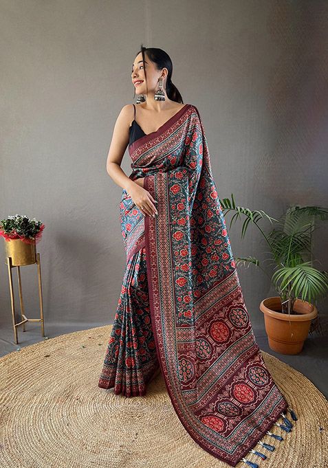 Denim Printed Semi Silk Saree Set