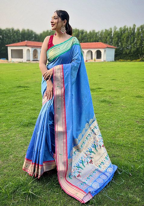 Denim Woven Paithani Silk Saree Set