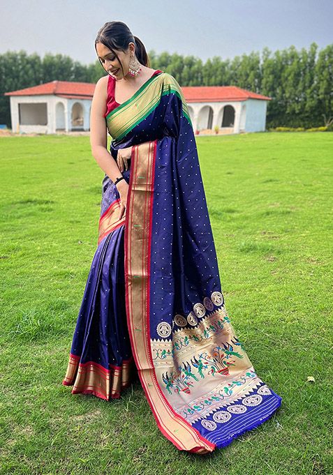 Blue Woven Paithani Silk Saree Set