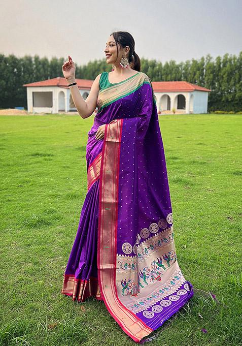 Purple Woven Paithani Silk Saree Set