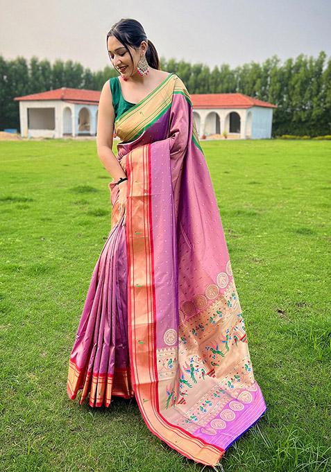 Lavender Woven Paithani Silk Saree Set