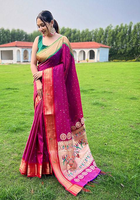 Pink Woven Paithani Silk Saree Set