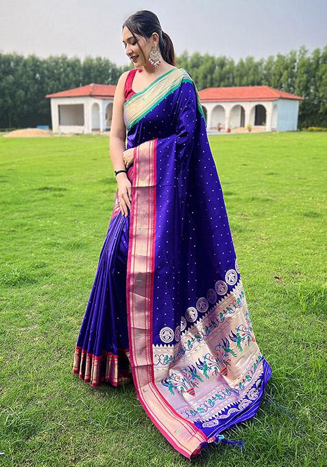 Violet Woven Paithani Silk Saree Set